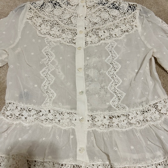 Sheer white chiffon button up blouse with mother of pearl buttons and lace inset - Picture 6 of 7